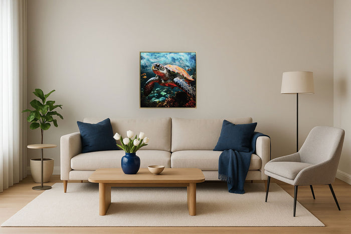 Azure Tide Turtle - 21" x 21" Framed Wall Art - Blue