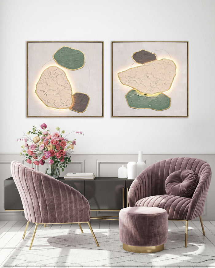Earthen Forms I Hand-Painted LED Canvas In Frame - Ivory / Sage