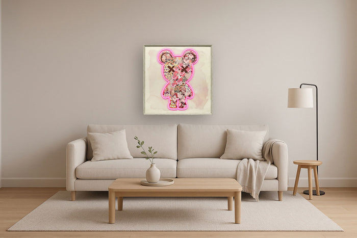 Floral Neon Bear - 33" x 33" Framed Wall Art - Pink