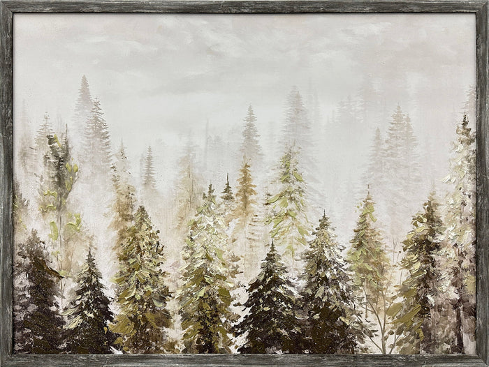 Fogbound Pines Hand-Embellished Canvas In Frame - Gray / Brown