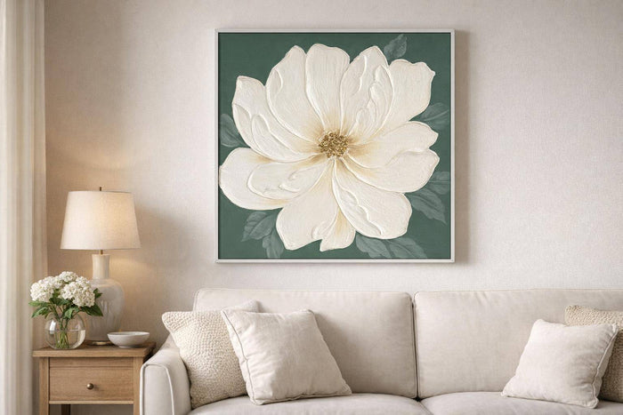 Ivory Bloom I Hand-Painted Canvas In Frame - Green / Ivory