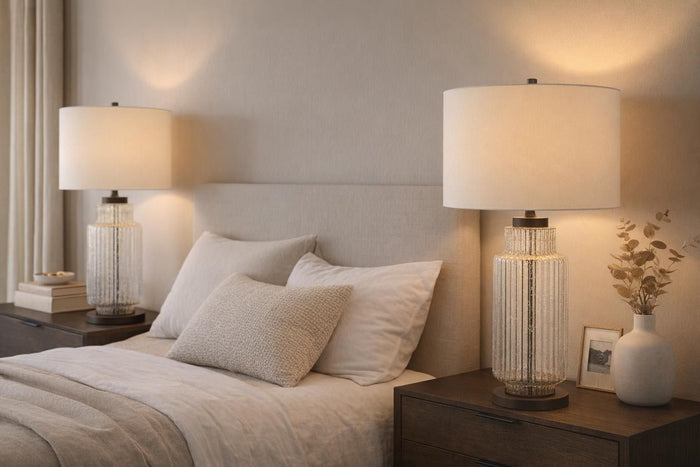 Lumina Ripple Ribbed Glass & Metal Table Lamp (Set of 2) - Clear Glass With Gold Flecks / Oil Bronze