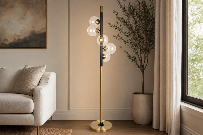 "Luminous Orbit" Metal Floor Lamp - Matte Black / Soft Gold / Clear