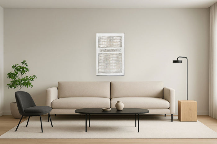 Neutral Grid Relief - 39" x 59" Framed Wall Art - Beige