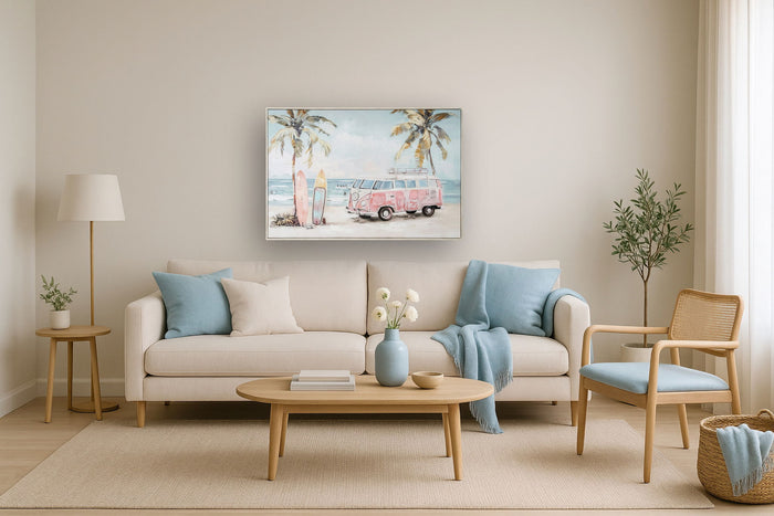 Pastel Surf Getaway - 33" x 48" Framed Wall Art - Light Blue