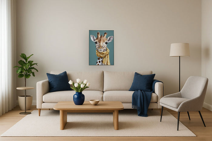 Playful Giraffe Portrait - 21" x 29" Framed Wall Art - Blue