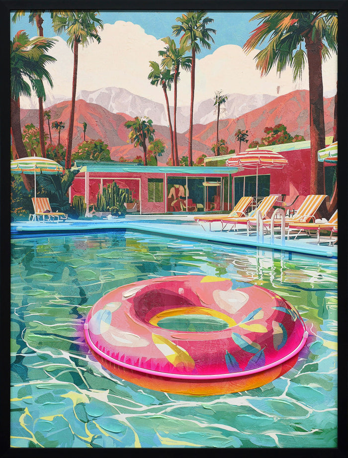 Poolside Escape Hand-Embellished LED Canvas In Frame - Green / Pink