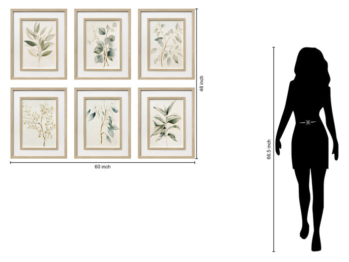 Quiet Botanical Print on Paper In Double Frame (Set of 6) - Beige / Green