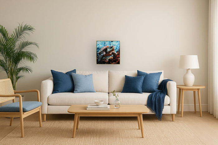 Sapphire Turtle Dive - 21" x 21" Framed Wall Art - Blue