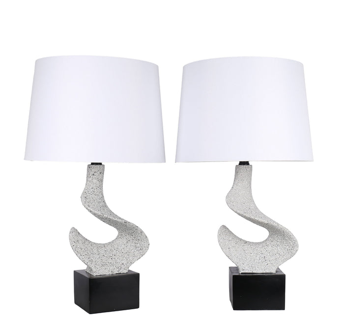 Sculpted Waves Resin & Metal Table Lamp (Set of 2) - White Stone / Matte Black