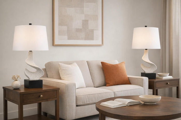 Sculpted Waves Resin & Metal Table Lamp (Set of 2) - White Stone / Matte Black