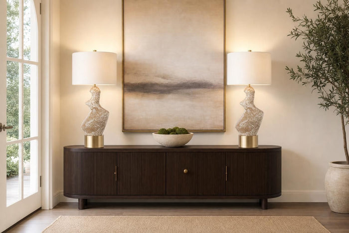 "Sculptural Serenity" Ceramic Table Lamp (Set of 2) - Stone / Soft Gold