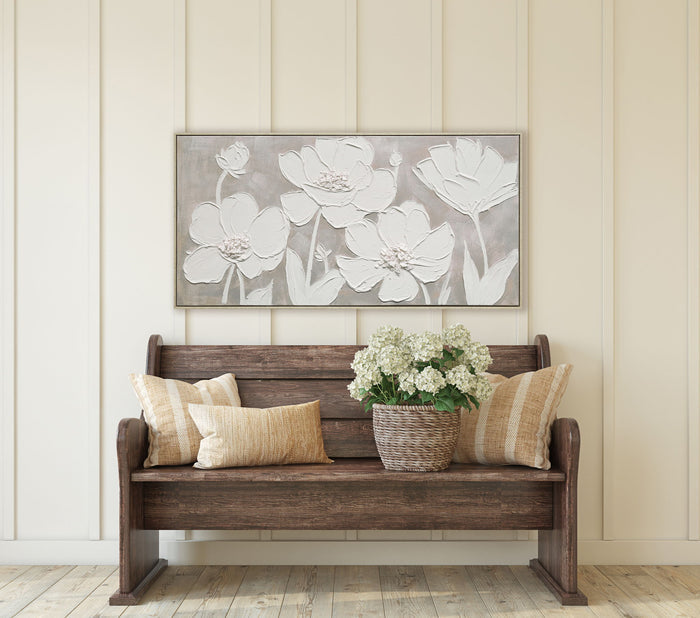 "Textured Blossoms" Hand-Painted Canvas In Frame - White / Gray