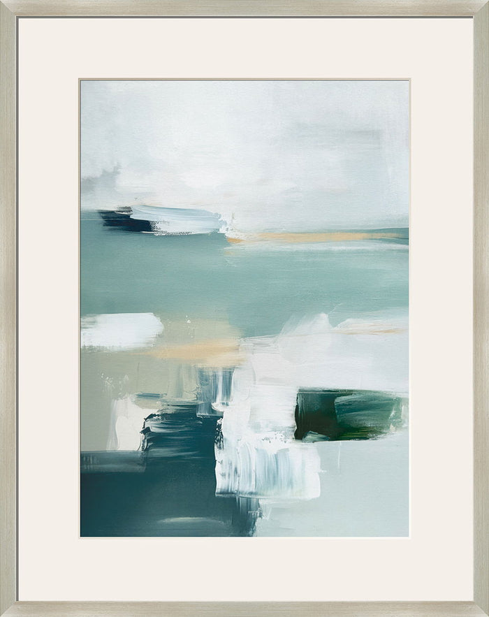 "Tranquil Horizons I" Framed Canvas Under Acrylic - Aqua / Cream